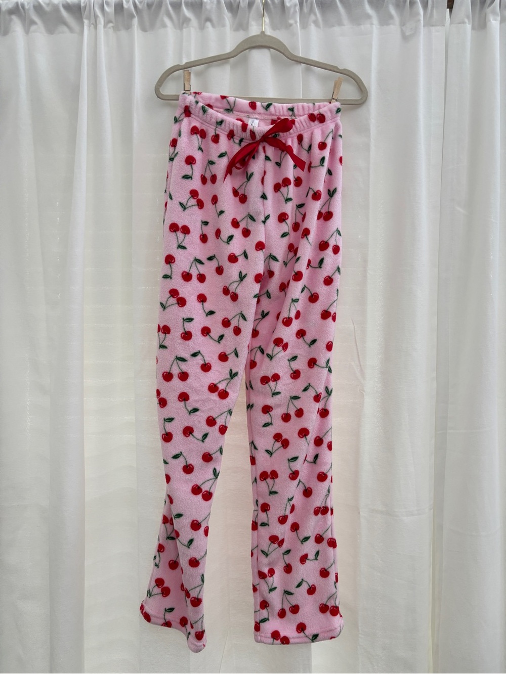 Fashion Nova Pink Cherry Fleece Pajama Pants with Red Drawstring